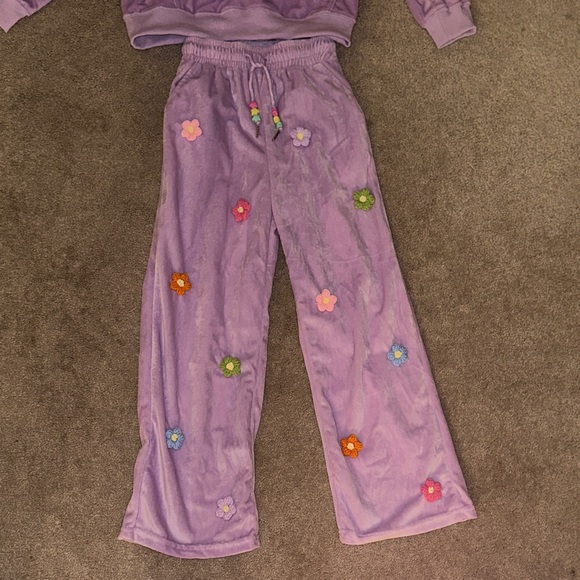 Girls Purple 3D Rainbow Daisy Velour Floral Floral Hoodie and Pants Set - Picture 3 of 7